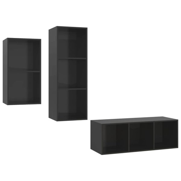 3 pcs conjunto de móveis de TV contraplacado preto brilhante - Image 2