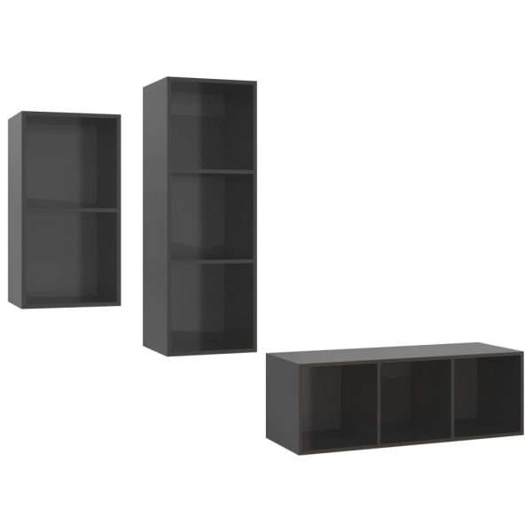 3 pcs conjunto de móveis de TV contraplacado cinzento brilhante - Image 2