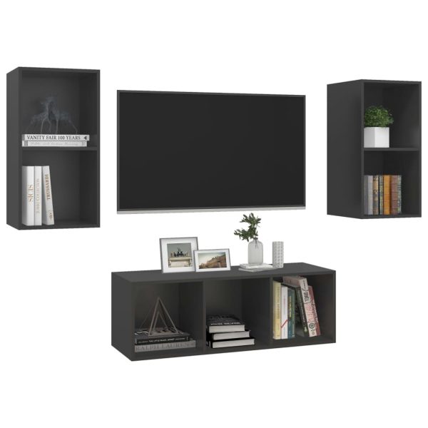 3 pcs conjunto de móveis de TV contraplacado cinzento - Image 3