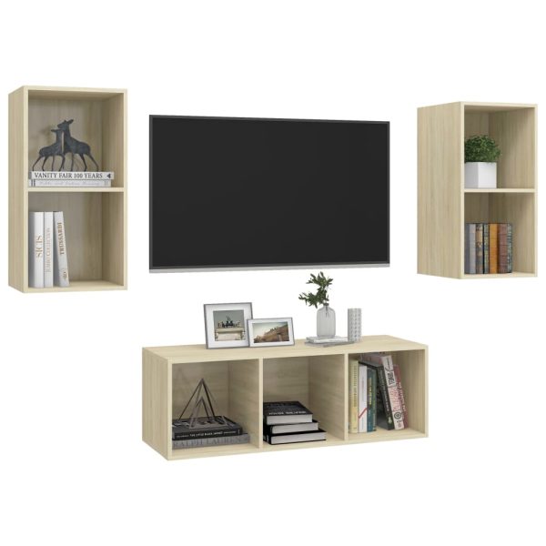3 pcs conjunto de móveis de TV contraplacado carvalho sonoma - Image 3
