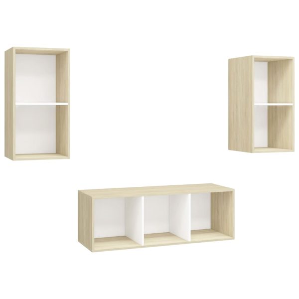 3 pcs conjunto móveis de TV contraplacado branco e carv. sonoma - Image 2