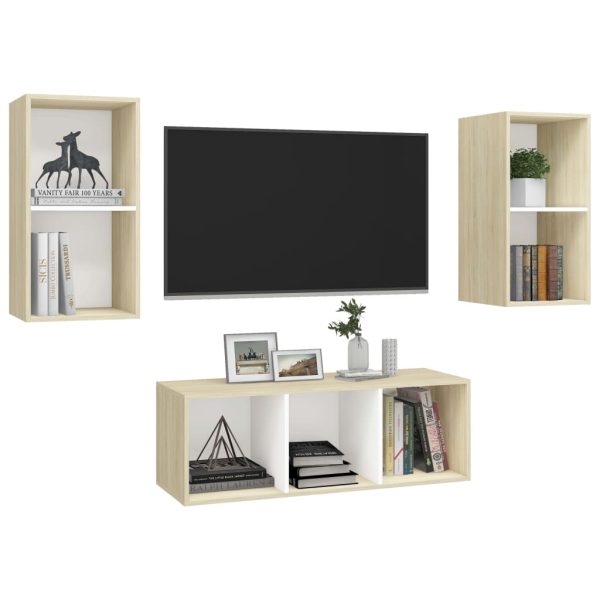 3 pcs conjunto móveis de TV contraplacado branco e carv. sonoma - Image 3