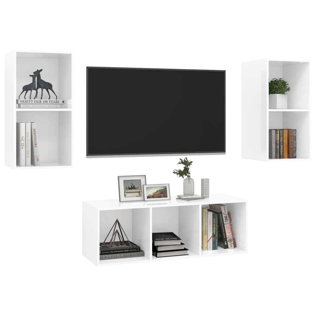 3 pcs conjunto de móveis de TV contraplacado branco brilhante - Image 3