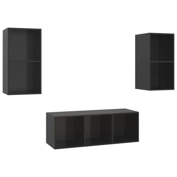 3 pcs conjunto de móveis de TV contraplacado preto brilhante - Image 2