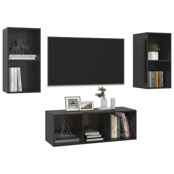 3 pcs conjunto de móveis de TV contraplacado preto brilhante - Image 3