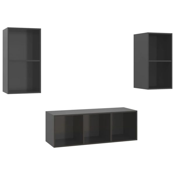 3 pcs conjunto de móveis de TV contraplacado cinzento brilhante - Image 2
