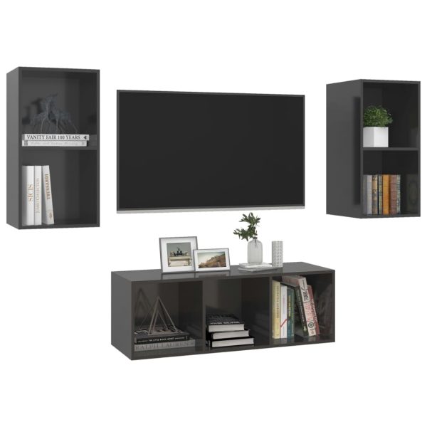 3 pcs conjunto de móveis de TV contraplacado cinzento brilhante - Image 3