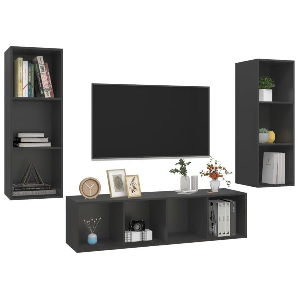 3 pcs conjunto de móveis de TV contraplacado cinzento - Image 3