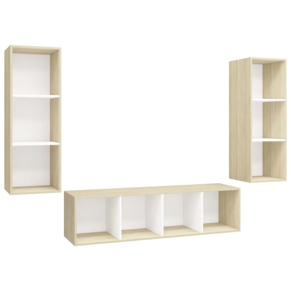 3 pcs conjunto móveis de TV contraplacado branco e carv. sonoma - Image 2