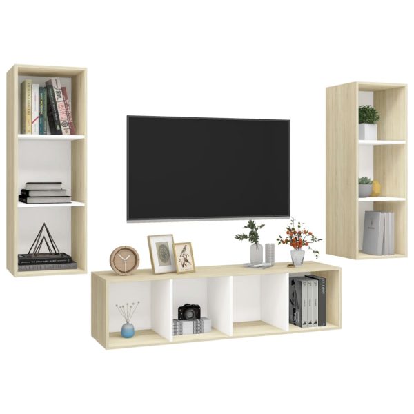 3 pcs conjunto móveis de TV contraplacado branco e carv. sonoma - Image 3