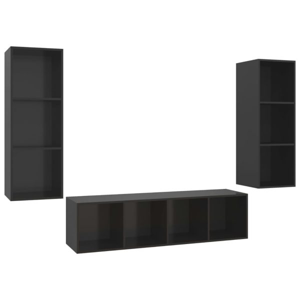 3 pcs conjunto de móveis de TV contraplacado preto brilhante - Image 2