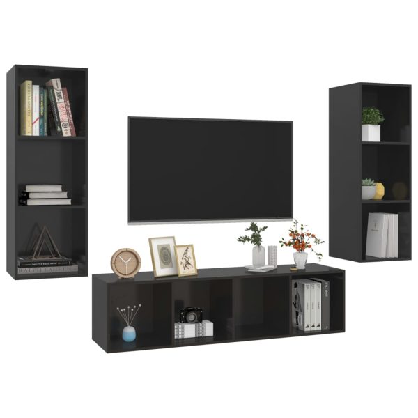 3 pcs conjunto de móveis de TV contraplacado preto brilhante - Image 3