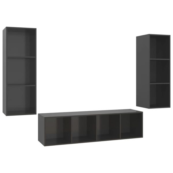 3 pcs conjunto de móveis de TV contraplacado cinzento brilhante - Image 2