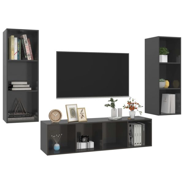 3 pcs conjunto de móveis de TV contraplacado cinzento brilhante - Image 3