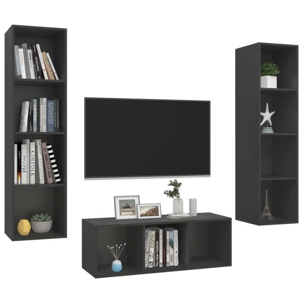 3 pcs conjunto de móveis de TV contraplacado cinzento - Image 3