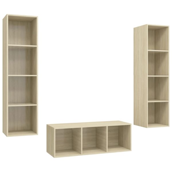 3 pcs conjunto de móveis de TV contraplacado carvalho sonoma - Image 2