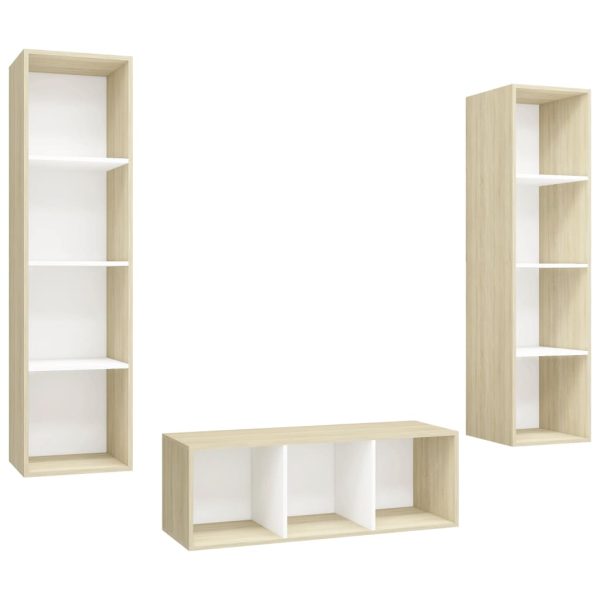 3 pcs conjunto móveis de TV contraplacado branco e carv. sonoma - Image 2