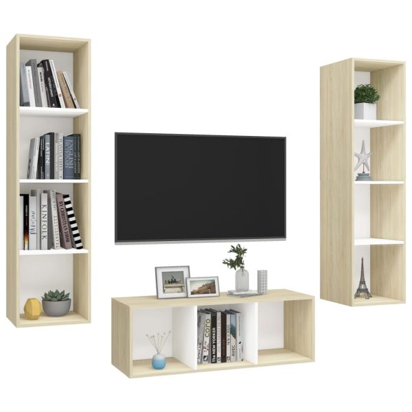 3 pcs conjunto móveis de TV contraplacado branco e carv. sonoma - Image 3