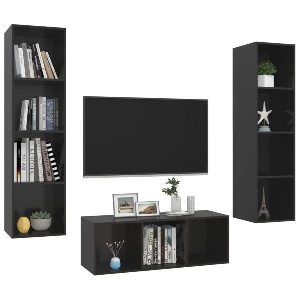 3 pcs conjunto de móveis de TV contraplacado preto brilhante - Image 3