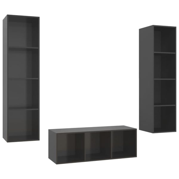 3 pcs conjunto de móveis de TV contraplacado cinzento brilhante - Image 2