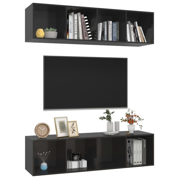 Armários de parede para TV 2 pcs contraplacado preto brilhante - Image 3