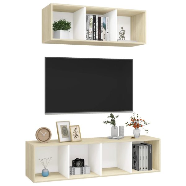 2 pcs conjunto móveis de TV contraplacado branco e carv. sonoma - Image 3