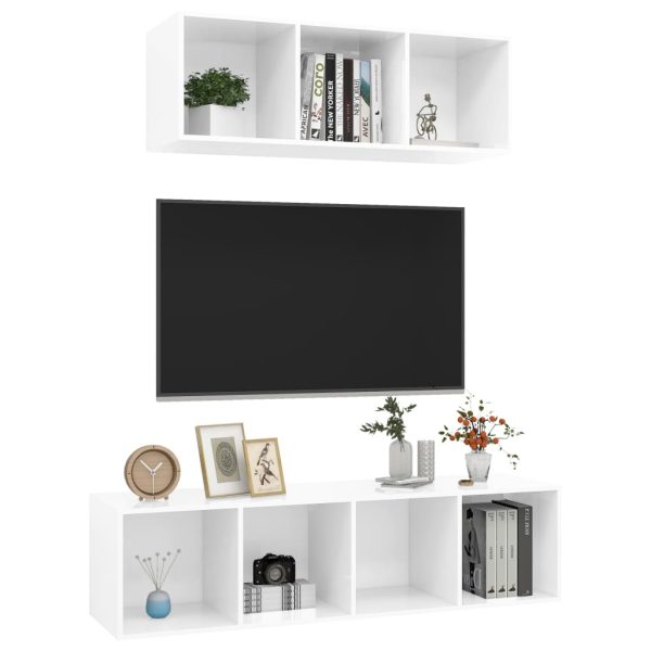 2 pcs conjunto de móveis de TV contraplacado branco brilhante - Image 3