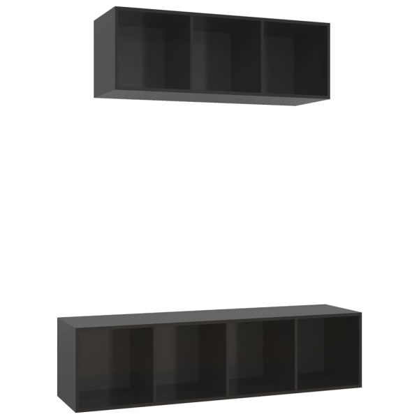 2 pcs conjunto de móveis de TV contraplacado preto brilhante - Image 2
