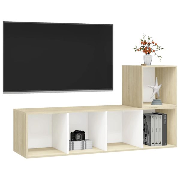 2 pcs conjunto móveis de TV contraplacado branco e carv. sonoma - Image 3