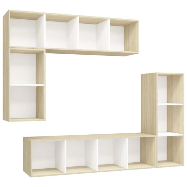 4 pcs conjunto móveis de TV contraplacado branco e carv. sonoma - Image 2