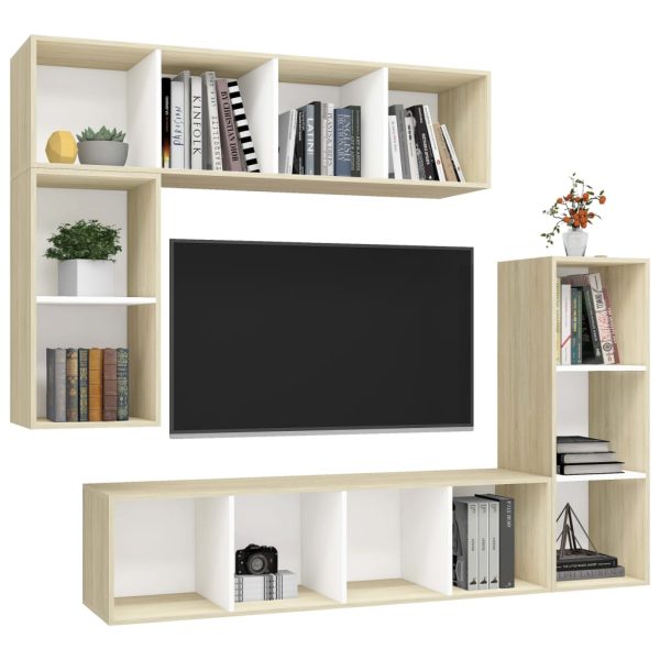 4 pcs conjunto móveis de TV contraplacado branco e carv. sonoma - Image 3