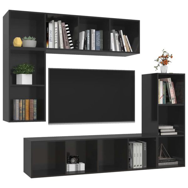 4 pcs conjunto de móveis de TV contraplacado preto brilhante - Image 3