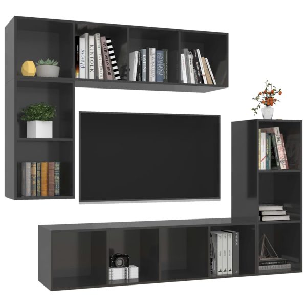 4 pcs conjunto de móveis de TV contraplacado cinzento brilhante - Image 3