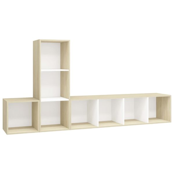 3 pcs conjunto móveis de TV contraplacado branco e carv. sonoma - Image 2