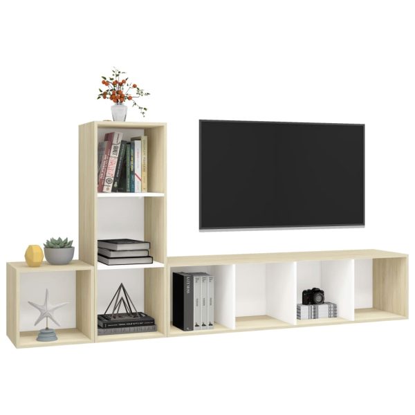 3 pcs conjunto móveis de TV contraplacado branco e carv. sonoma - Image 3