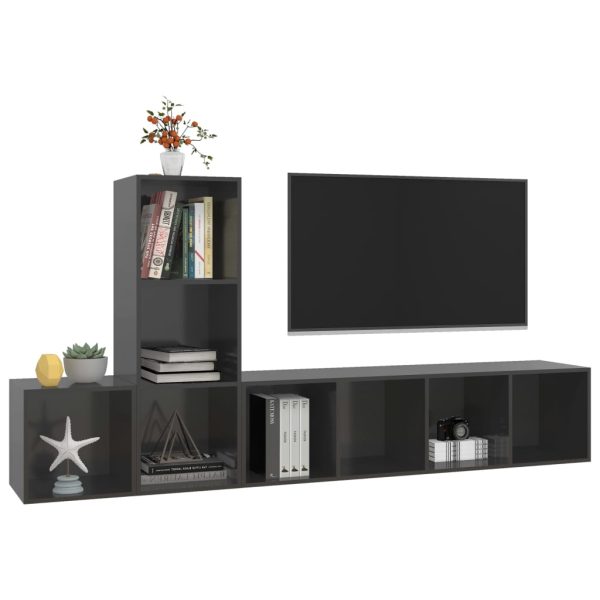 3 pcs conjunto de móveis de TV contraplacado cinzento brilhante - Image 3