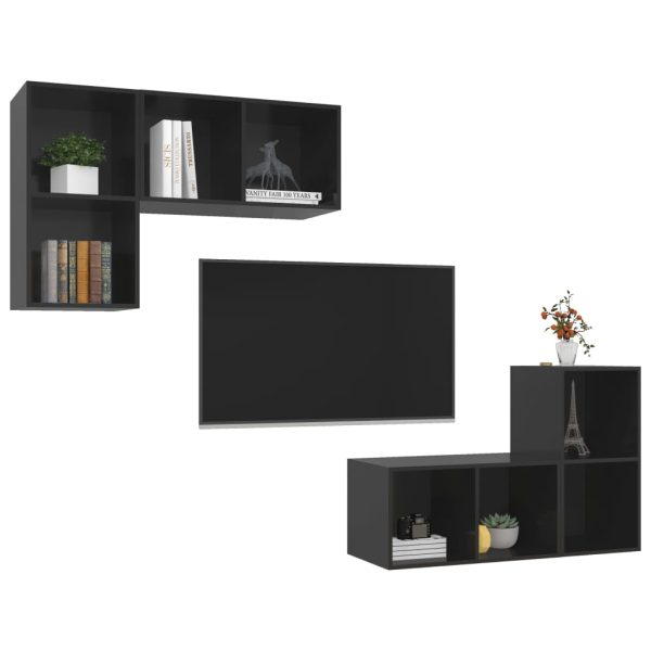 Armários de parede para TV 4 pcs contraplacado preto brilhante - Image 3