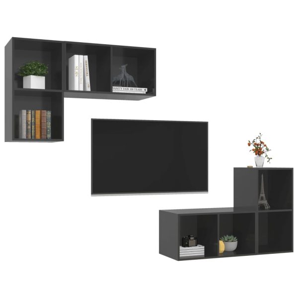 Armários de parede para TV 4 pcs contraplacado cinza brilhante - Image 3