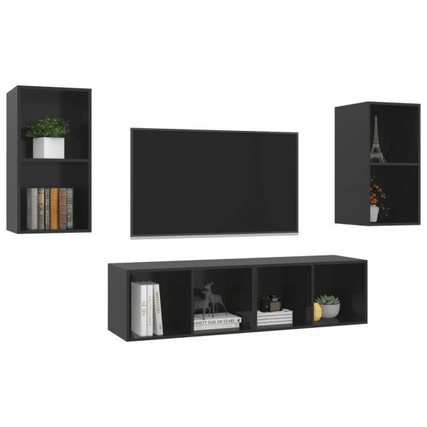 Armários de parede para TV 4 pcs contraplacado preto brilhante - Image 3