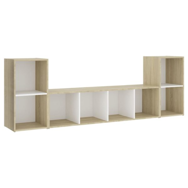 3 pcs conjunto móveis de TV contraplacado branco e carv. sonoma - Image 2