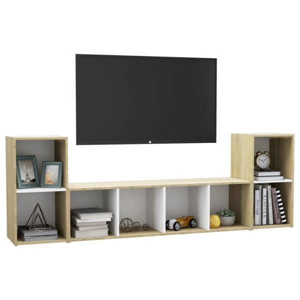 3 pcs conjunto móveis de TV contraplacado branco e carv. sonoma - Image 3