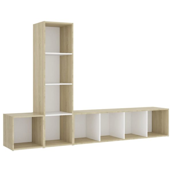 3 pcs conjunto móveis de TV contraplacado branco e carv. sonoma - Image 2