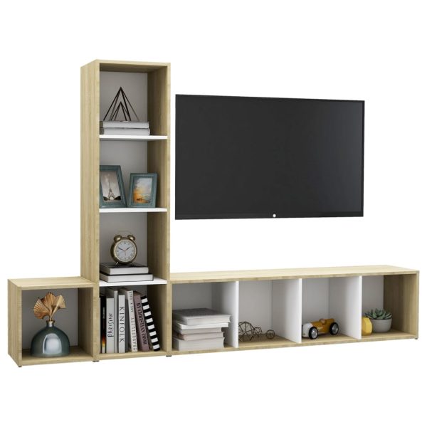 3 pcs conjunto móveis de TV contraplacado branco e carv. sonoma - Image 3