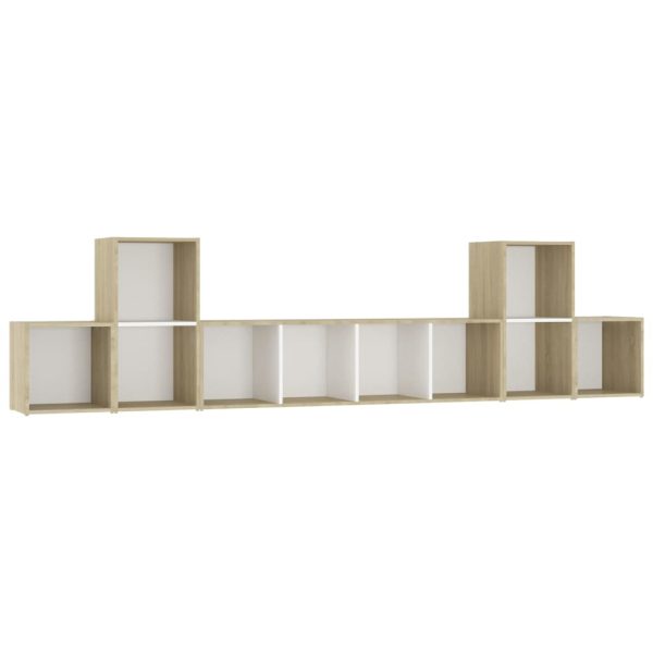 5 pcs conjunto móveis de TV contraplacado branco e carv. sonoma - Image 2