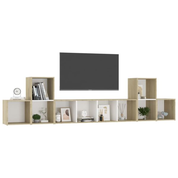 5 pcs conjunto móveis de TV contraplacado branco e carv. sonoma - Image 3
