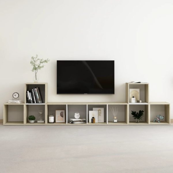 5 pcs conjunto móveis de TV contraplacado branco e carv. sonoma