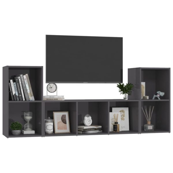 3 pcs conjunto de móveis de TV contraplacado cinzento brilhante - Image 3