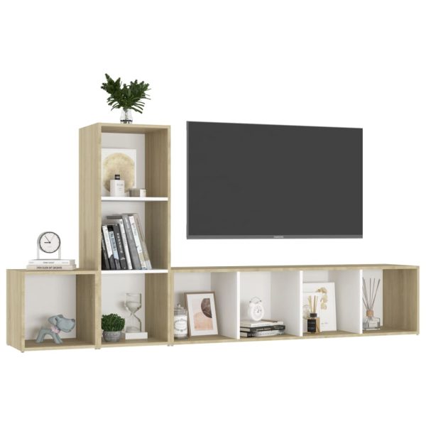 3 pcs conjunto móveis de TV contraplacado branco e carv. sonoma - Image 3