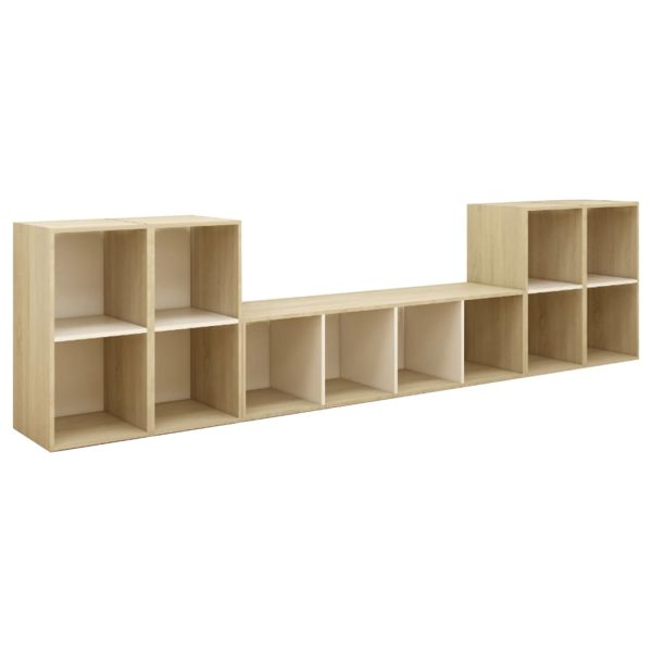 5 pcs conjunto móveis de TV contraplacado branco e carv. sonoma - Image 2