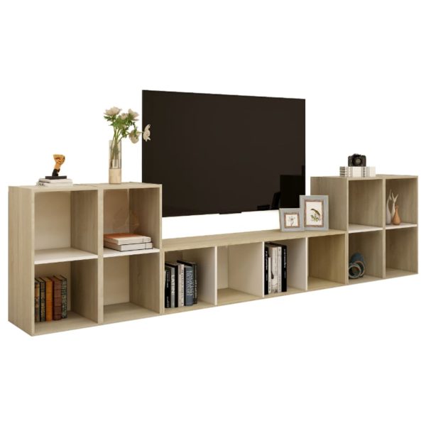 5 pcs conjunto móveis de TV contraplacado branco e carv. sonoma - Image 3